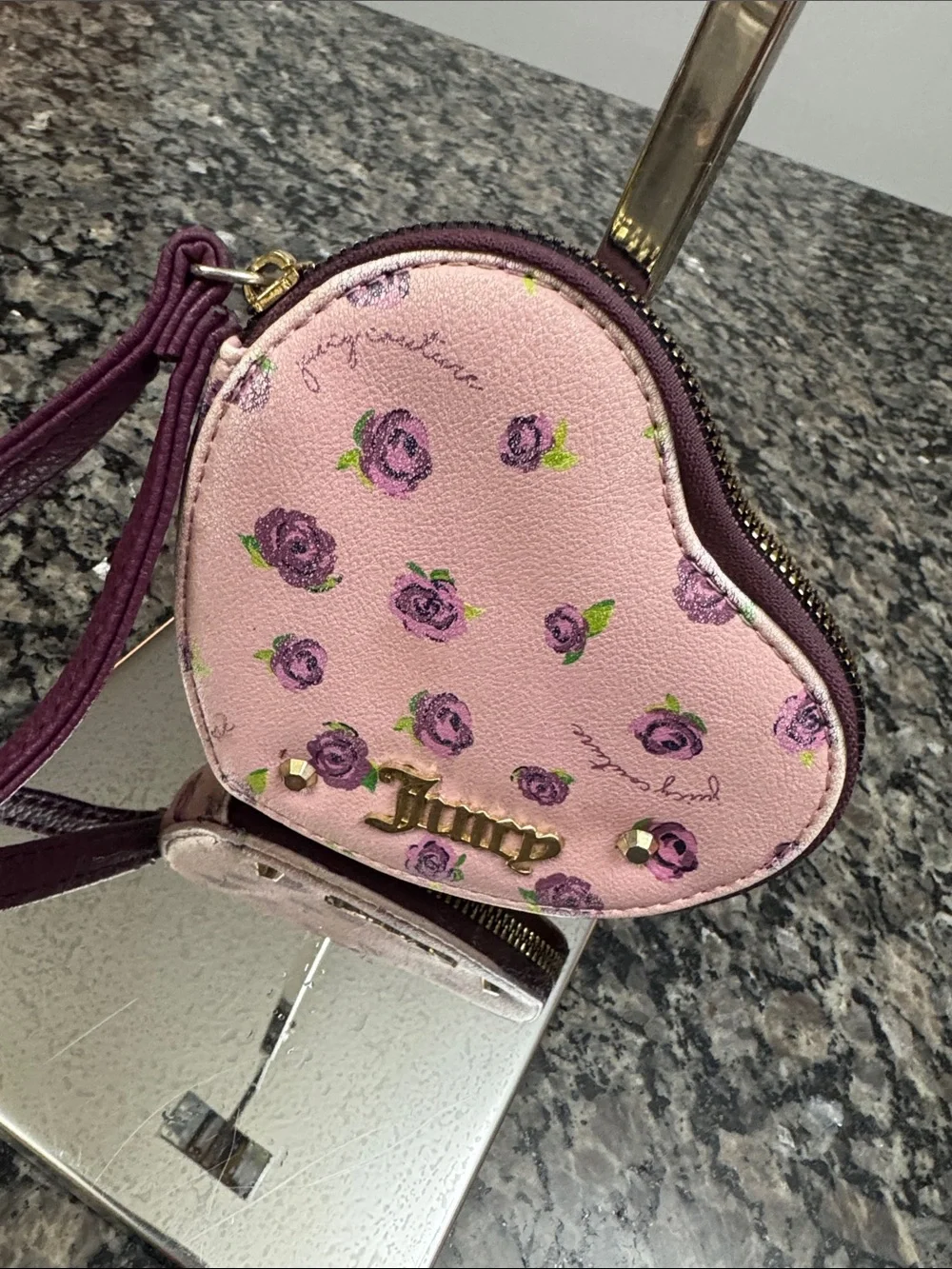 Juicy Couture Pink Floral Heart Wristlet with Purple Strap
